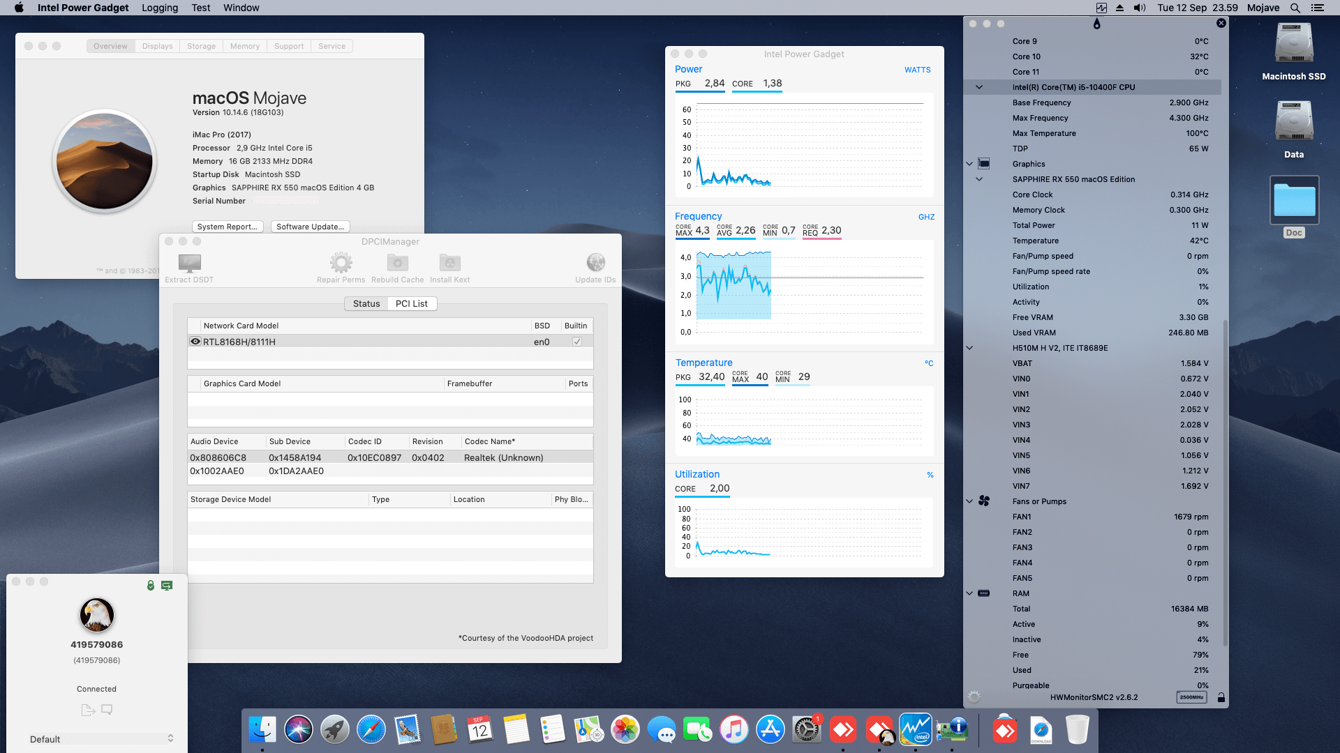 Success Hackintosh macOS Mojave 10.14.6 Build 18G103 in Gigabyte H510M H V2 + Intel Core i5 10400F + Sapphire RX 550